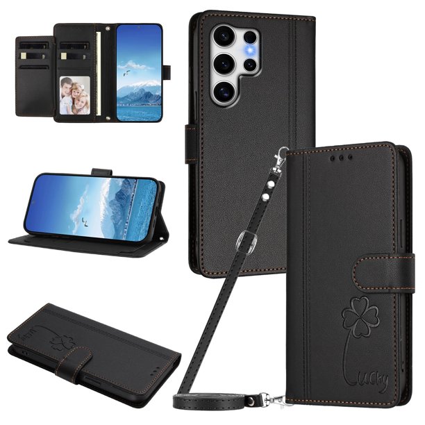 Funda Cartera Trébol para Samsung Galaxy S25 Ultra con Ranuras Tarjetas y Carga Inalámbrica Negro