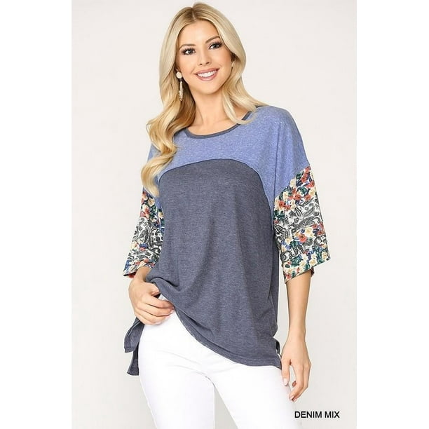 Top de Punto con Bloques de Color y Estampado Floral con Mangas Dolman