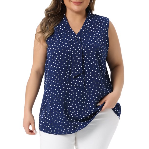Agnes Orinda Blusas Clásicas sin Mangas con Lazo en el Cuello en V y Lunares para Mujer de Talla Grande 4X Azul Oscuro