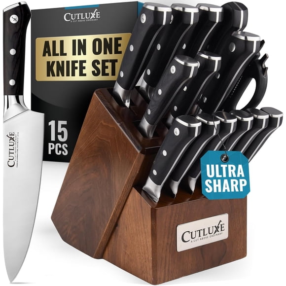 Juego de cuchillos Cutluxe Artisan Series de 15 piezas con bloque de madera de nogal