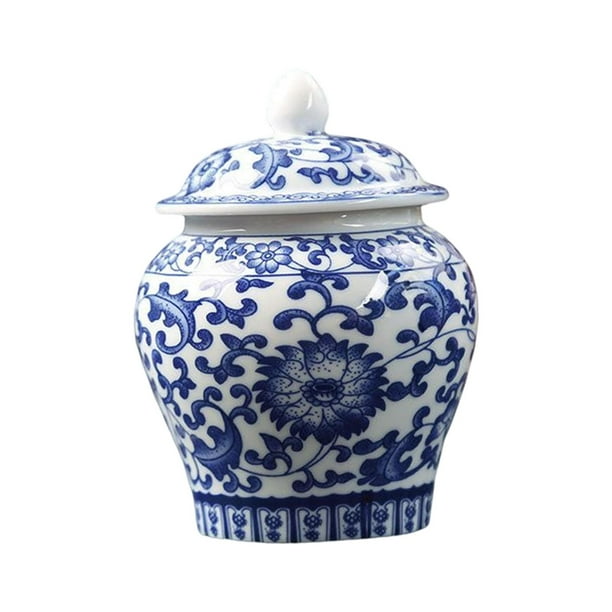 Jarrón Chino Azul Y Blanco De Cerámica Vidriada Para Templo Con Tapa Delicado