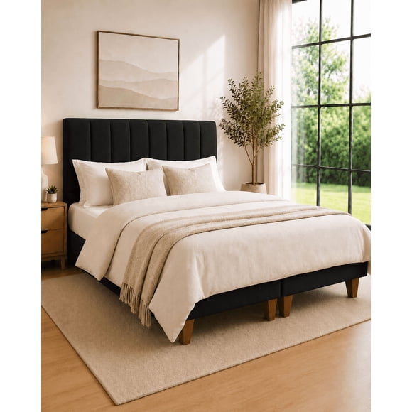 Cama 2 Plazas Completa Negro Turin | Base Europea + Colchón Mery Desing 22CM + Respaldo Tapizado