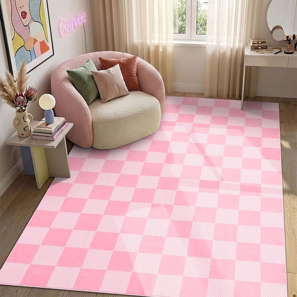 ALFOMBRA GarveeHome 150 cm Rosa a Cuadros Lavable para Niñas