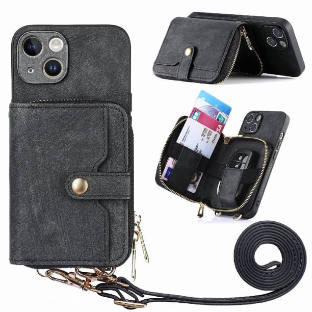 Funda Tipo Cartera con Correa Cruzada para iPhone 15 Protección Contra Golpes Negro