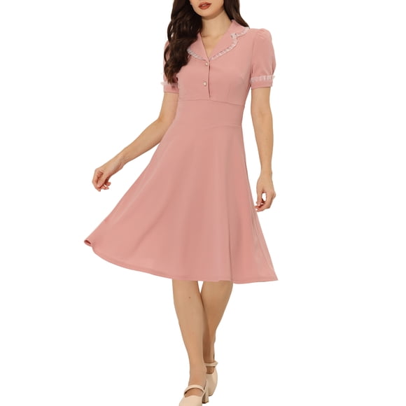 INSPIRE CHIC Edición Vintage Vestido Midi para Mujeres 2024 Trabajo Vestidos con Cuello Peter Pan L Rosa