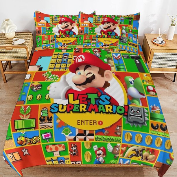 Super Mario 3-Piece Comforter Set for Bedroom Super Mario Bedding Set for Kids Adults Soft Microfiber Duvet Cover Set with Zipper Closure