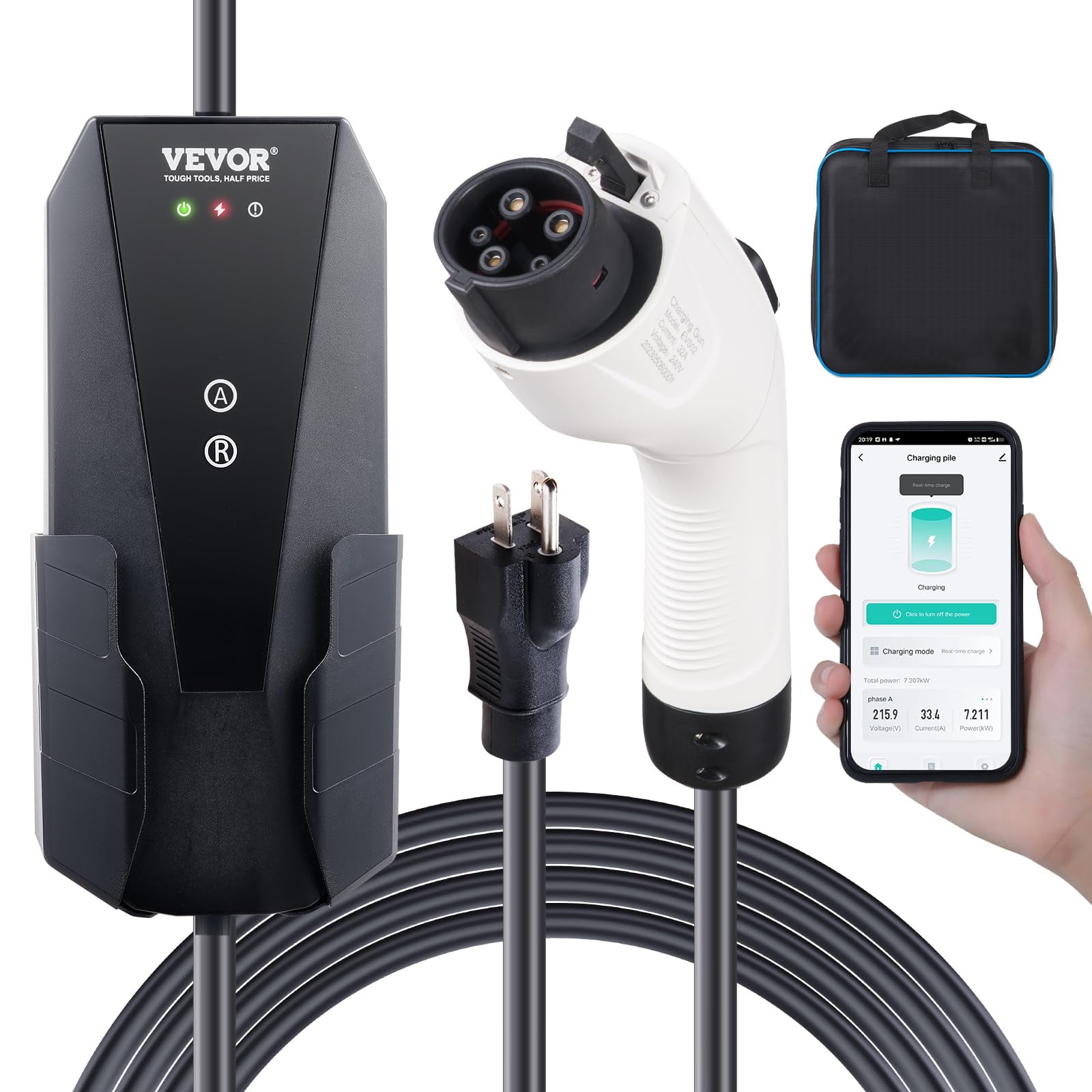 Cargador Eléctrico Portátil Vevor Level 1+2, 16 A, 120 V/240 V, Cable De 28 Pies