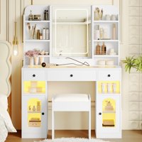 M&Ms - 43.2"" Vanity Desk With Led Mirror And Lights, Glass Top Vanity With Rgb Glass Light Cabinets, Dressing Table With 3 Drawers ,Storage Shelves And Stool For Bedroom, White