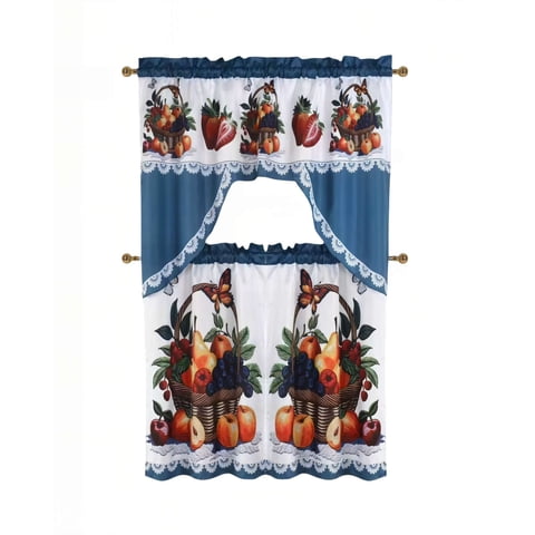 Genérico - Set 3 Piezas Cortina Para Cocina Con Diseño Color Blanco Con Azul