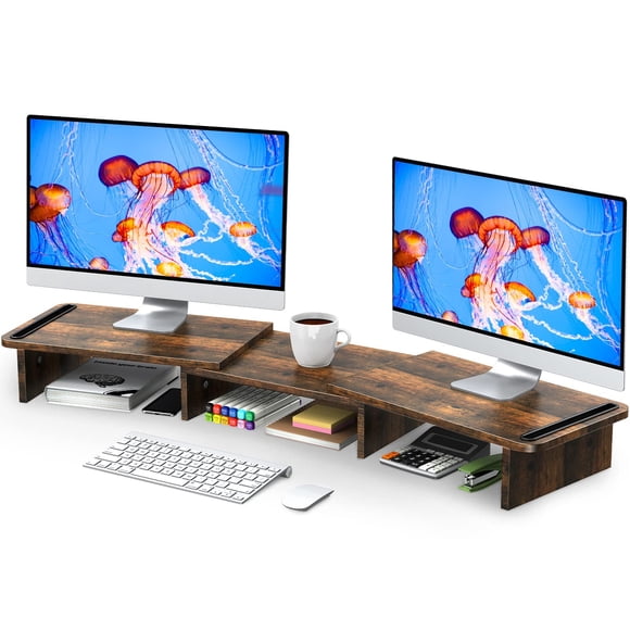 Soporte para doble monitor, ajustable, de madera, color marrón oxidado