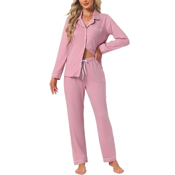 INSPIRE CHIC Conjunto de Pijamas para Mujer de Manga Larga con Botones, Cuello con Muesca, Ropa de Estar y Pantalones con Cordón y Bolsillos, Talla Mediana, Rosa