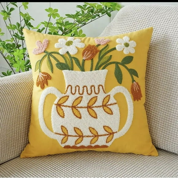 Funda Cojín Bordada 45x45 Cm Florero Mostaza