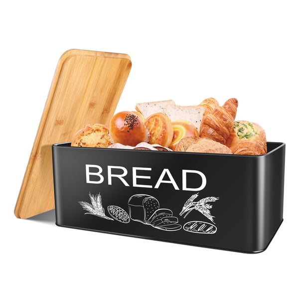 Caja De Pan De Metal Negro De Gran Capacidad, Que Mide 12,99 Pulgadas X 7,08 Pulgadas X 4,72 Pulgadas, Con Una Tapa De Rebanada De Bambú, Adecuada Para Almacenamiento Y Organización En La Cocina.