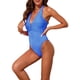 thumbnail image 4 of INSPIRE CHIC Traje de baño de una pieza para mujer con hebilla de metal, monokini con recortes, cuello halter, acanalado, escote en V profundo, push up, control de abdomen, azul real, talla pequeña, 4 of 5