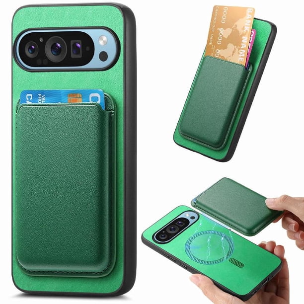 Funda de Cuero Magnética con Tarjetero para Google Pixel 9 Pro XL Cubierta Delgada Verde