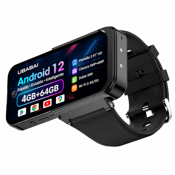 Smartwatch Teléfono UBABAI Android 12 4G LTE, 3.97" 4GB RAM + 64GB Dual SIM GPS Cámara Dual WiFi Negro
