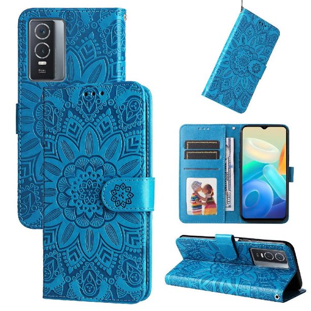 Funda tipo cartera FOXDOCK para Vivo Y76 5G , diseño girasol en relieve, cuero PU, cierre magnético, soporte y tarjetero