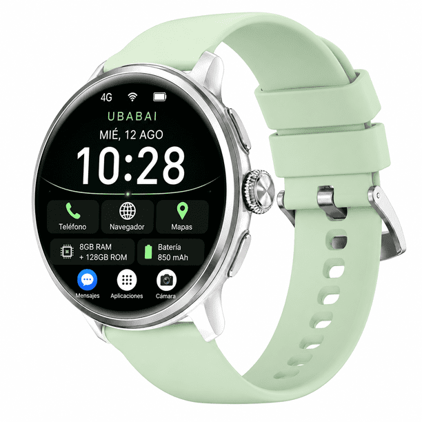 UBABAI Reloj Inteligente Android 10 con SIM 4G LTE AMOLED 1.6", GPS, Wi-Fi, Cámara 2 MP, 8GB+128GB