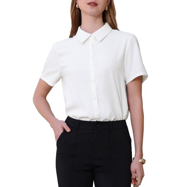 INSPIRE CHIC Camisa de Cuerpo de Mujer con Botones, Cuello y Manga Corta para Oficina, Leotardo de Negocios, Talla M, Blanco