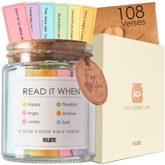 Tarro con versículos bíblicos BLIEVE Read Me When con 108 tarjetas de las Escrituras