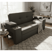 Camila Home - Sofá Cama Elite 2 Plazas Gris Oscuro Lino Tokio Reclinable Con Baúl Y Puffs