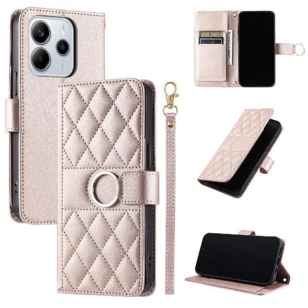Funda Acolchada con Anilla y Correa para Xiaomi Redmi Note 14 Pro 4G Slots para Tarjetas Oro rosa