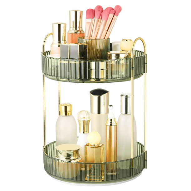 Organizador de maquillaje giratorio de 360°, organizador de tocador de baño de alta capacidad, almacenamiento giratorio de 2 niveles para el cuidado de la piel.