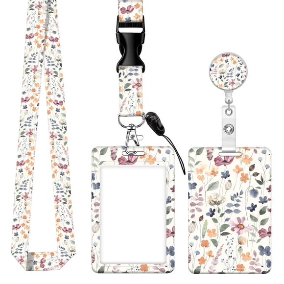 Porta credencial BLOCIT con flores acuareladas, cordón y clip retráctil