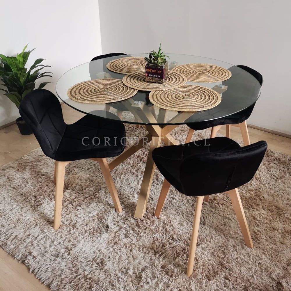 Coricori - Comedor Mesa Vidrio D100 + 4 Sillas Mariposa Velvet Negro