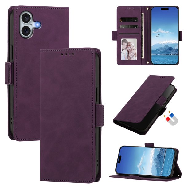 Funda Billetera Delgada para iPhone 16 Plus con Ranuras y Soporte Morado oscuro
