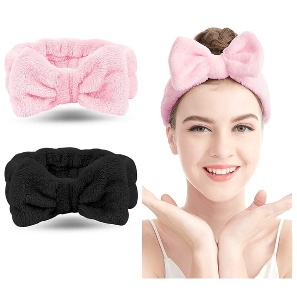 Diadema de spa (paquete de 2) para mujer, con lazo, para maquillaje facial, suave, de coral, para ducharse y lavarse la cara.
