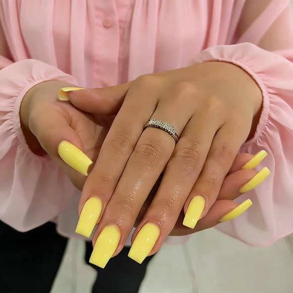 Presiona las uñas JOYVVEW, cuadradas medianamente largas, de color amarillo brillante