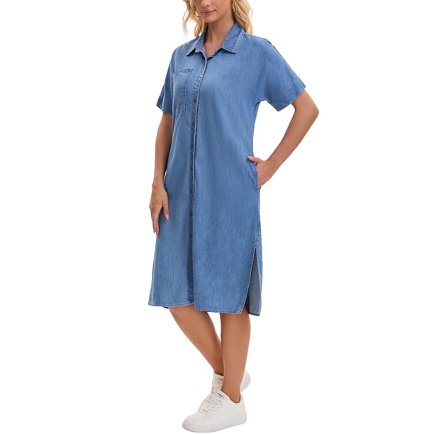 INSPIRE CHIC Vestido Camisero de Mezclilla para Mujer Regreso a Clases Manga Corta Botones Casual Midi Vestido Azul Cielo S