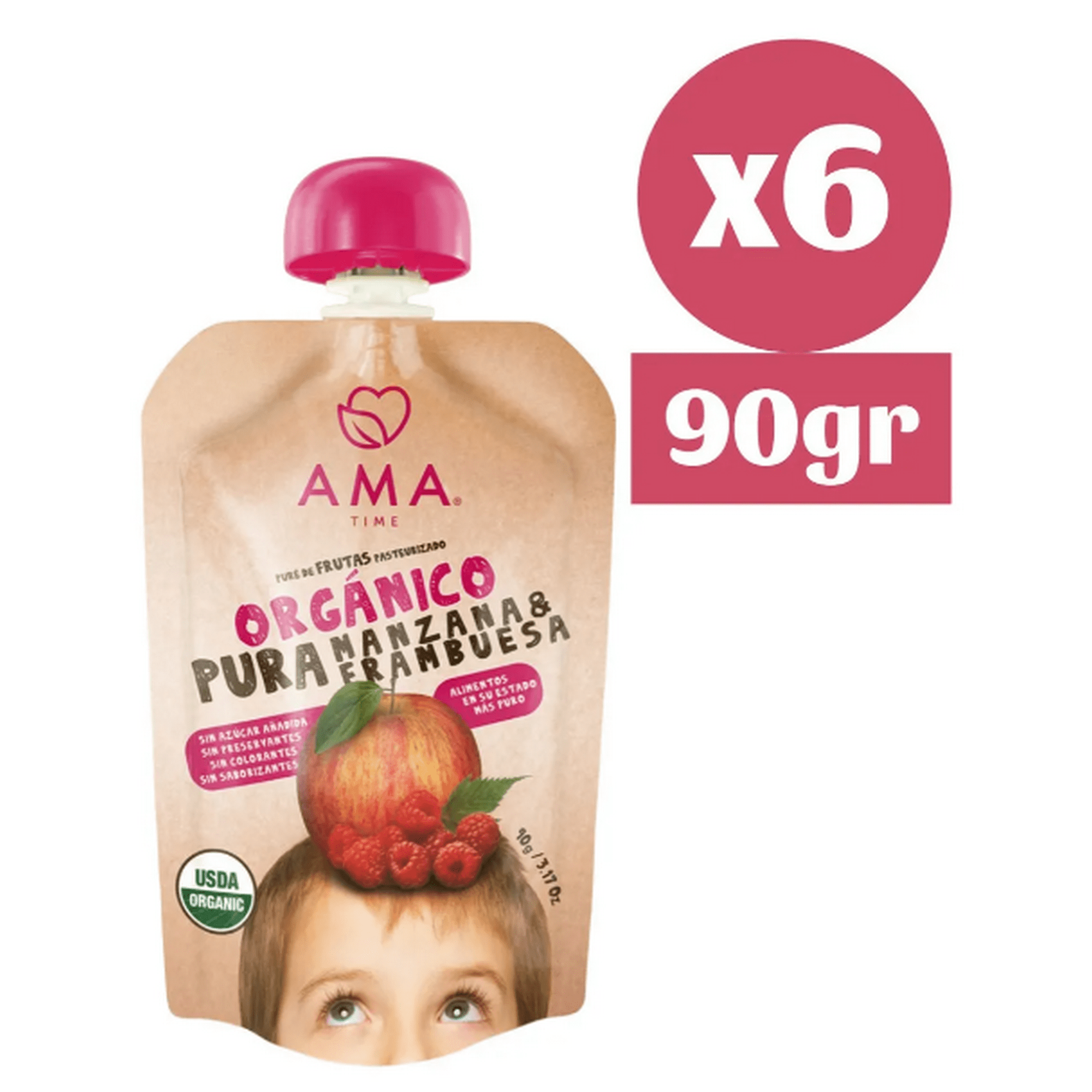Ama Time - Pack 6x Ama Pure Fruta Manzana Frambuesa Orgánico Papilla Compota