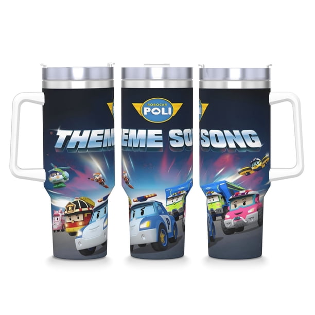 Robocar Poli Vaso aislado de acero inoxidable con asa, diseño temático, regalo para familia, amigos y fans; incluye pajita y encaja en el portavasos estándar, 40 oz