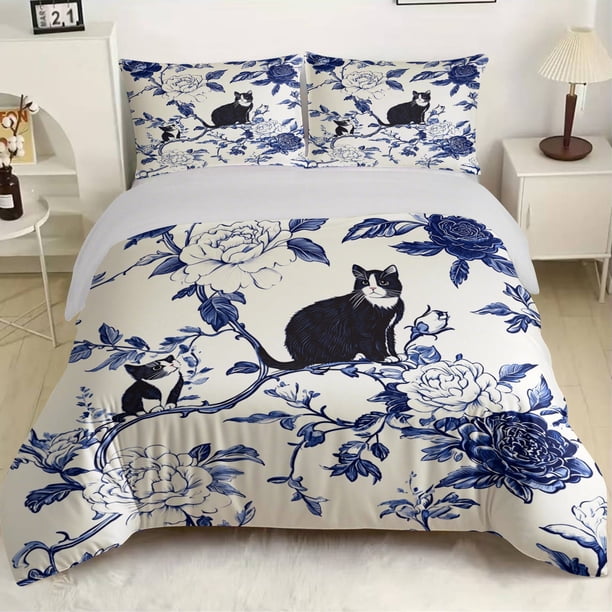 Blue And White Cat Floral Print Bedding Includes One Duvet Cover And Two Pillowcases Without Filling for Bedroom Hotel Guesthouse And Dormitory Use 1 Duvet Cove