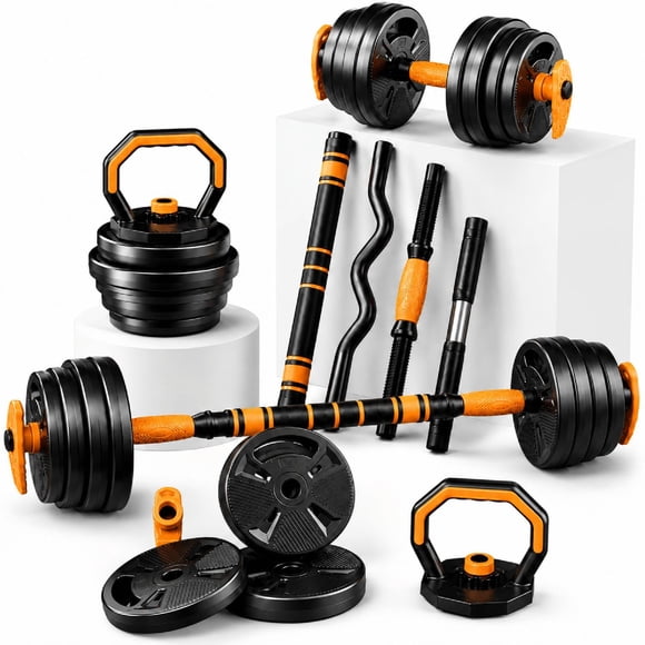 Set 30 Kg Mancuernas Barra Pesa Rusa Roller 6 En 1 Newgen naranja