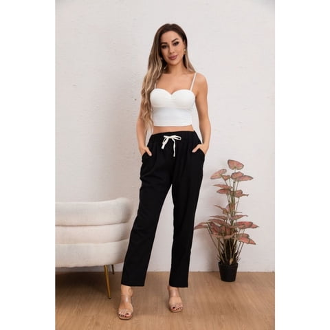 Likeshop - Pantalón Mujer Semi Pitillo Algodón Tipo Lino Tiro Alto 7004