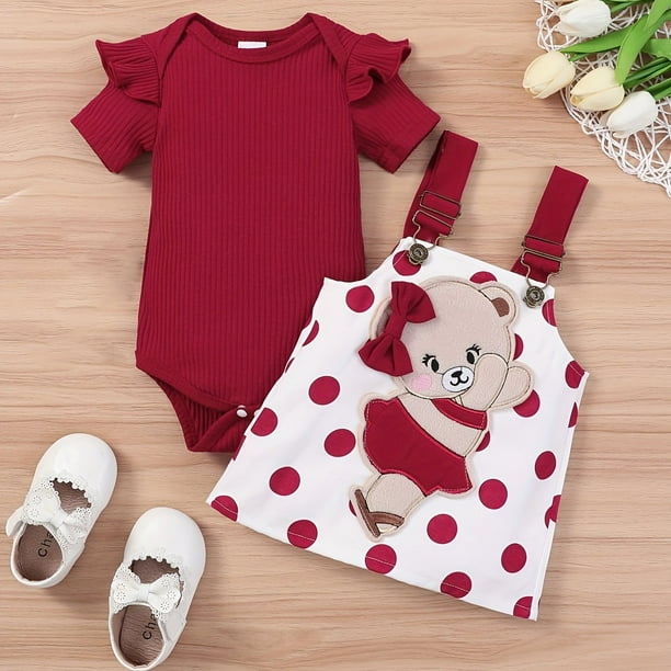 Cute & Stylish Baby Girls Outfit - Flutter Sleeve Onesie Romper & Polka Dot Bear Embroidery Suspender Dress Set