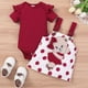 thumbnail image 1 of Cute & Stylish Baby Girls Outfit - Flutter Sleeve Onesie Romper & Polka Dot Bear Embroidery Suspender Dress Set, 1 of 5