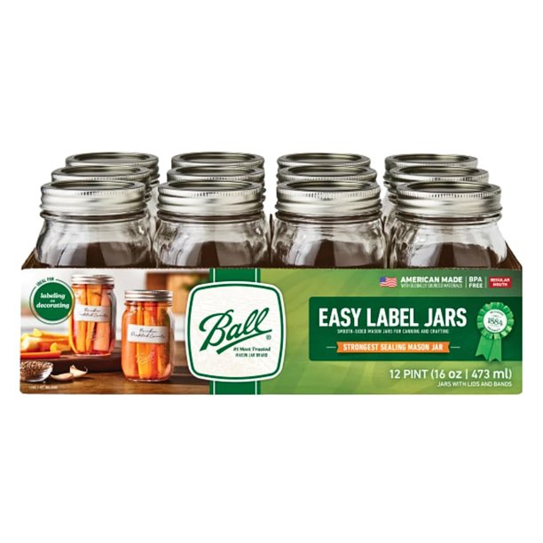 Tarros Mason Ball 473 ml (12 unidades) Boca Regular, Etiquetado Fácil, con tapas y anillos