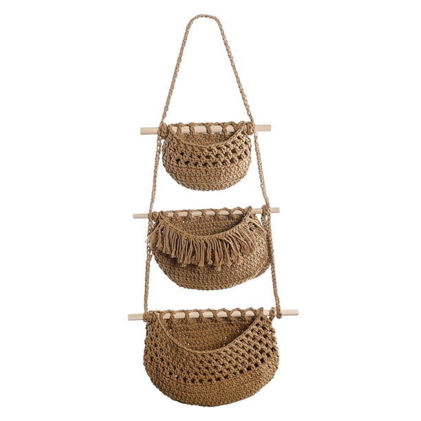 Cestas de frutas colgantes para interiores, soporte para maceta, cesta de almacenamiento multifuncional, cesta colgante de macramé para r bomb , MARRÓN Marrón