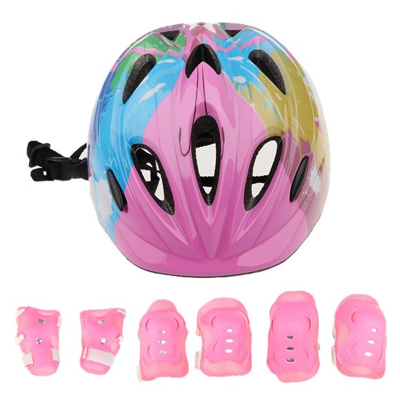 7 Piezas Ni?o Patinaje Sobre Ruedas Casco De Bicicleta Rodilla Protector De Mu?eca Conjunto De Coderas Rosa