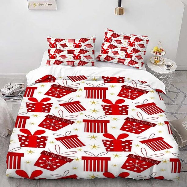 Holiday Gift Box Themed Bedding Set Three-Piece Duvet Cover and Pillowcase Set Soft and Comfortable for All Seasons