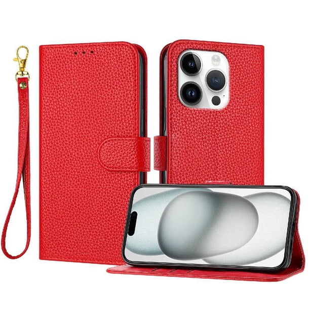 Funda Cartera para iPhone 16 Pro Max Tarjetero Soporte Magnético y Correa Rojo