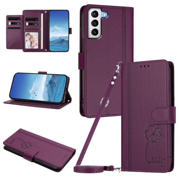 Funda Cartera Trébol para Samsung Galaxy S21 con Ranuras Tarjetas y Carga Inalámbrica Violeta