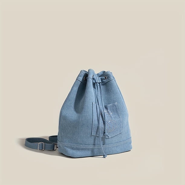 Vintage Denim Drawstring Bucket Backpack, Retro Travel Tote Daypack, Women's Fashion School Knapsack & Purse
