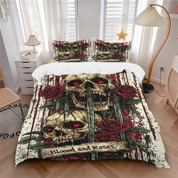 Blood and Roses Anime Skull Bedding - Includes One Quilt Cover and Two Pillowcases (No Core) - Gothic Home Decor for Bedroom and Guest Room - Polyester Fabric -