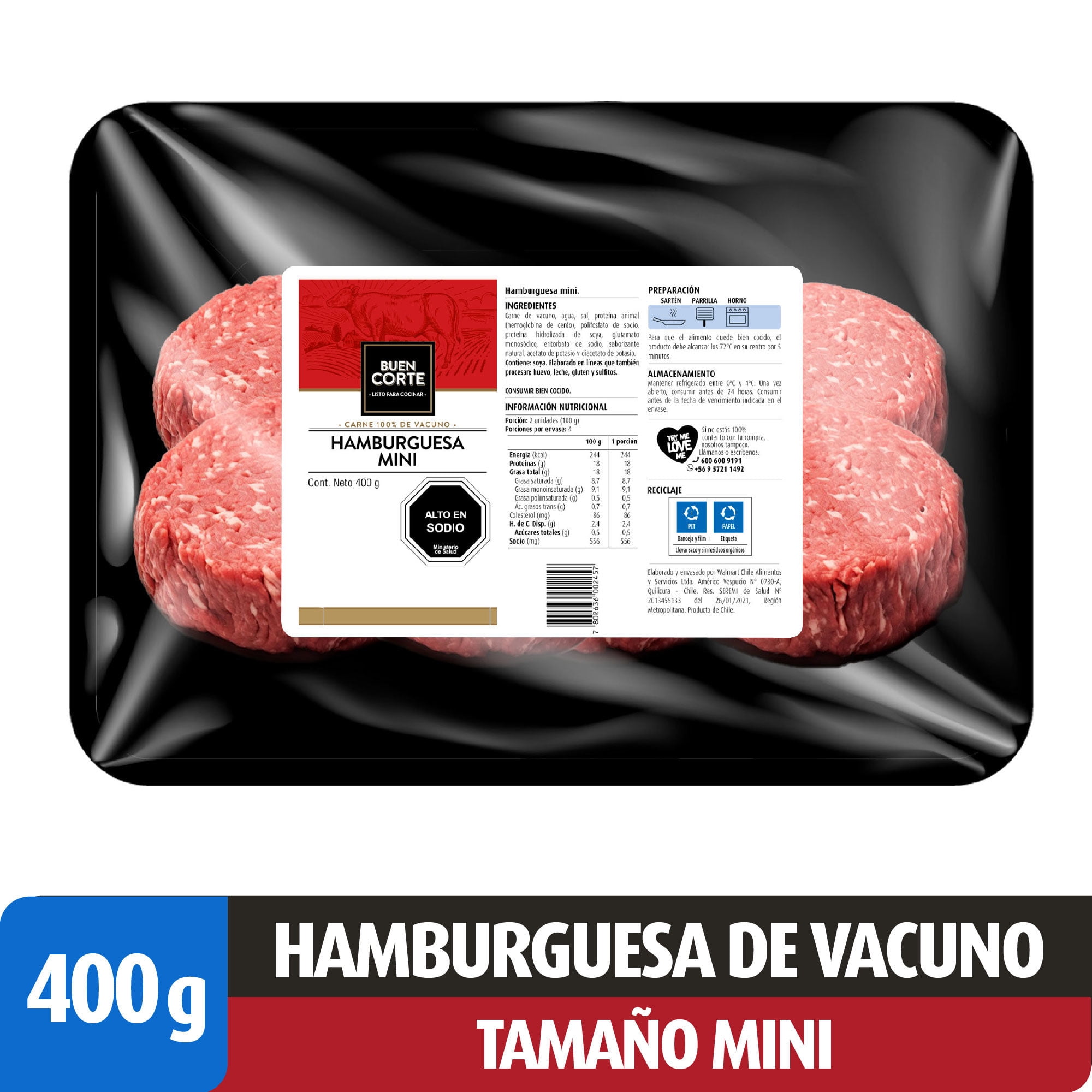 Hamburguesa De Vacuno Tamaño Mini Bandeja 400 gr El Buen Corte