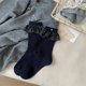 thumbnail image 1 of Xiao Hua 3 Pares de Calcetines de Cuello Redondo con Borde de Falda Azul Profundo Decorado con Perlas, Calcetines de Algodón Elásticos Que Absorben la Humedad, Adecuados para Uso casual Diario,, 1 of 2
